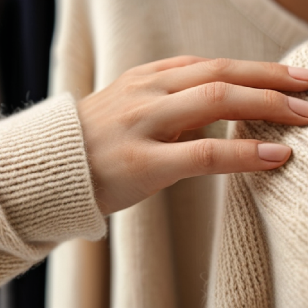 **

A close-up shot of a woman's hands delicately holding a cashmere sweater. The sweater is a neutral color (beige or cream). Focus on the texture of the cashmere. In the background, blur the suggestion of a well-organized, minimalist closet with other high-quality, understated garments. Emphasize soft, natural lighting.

**