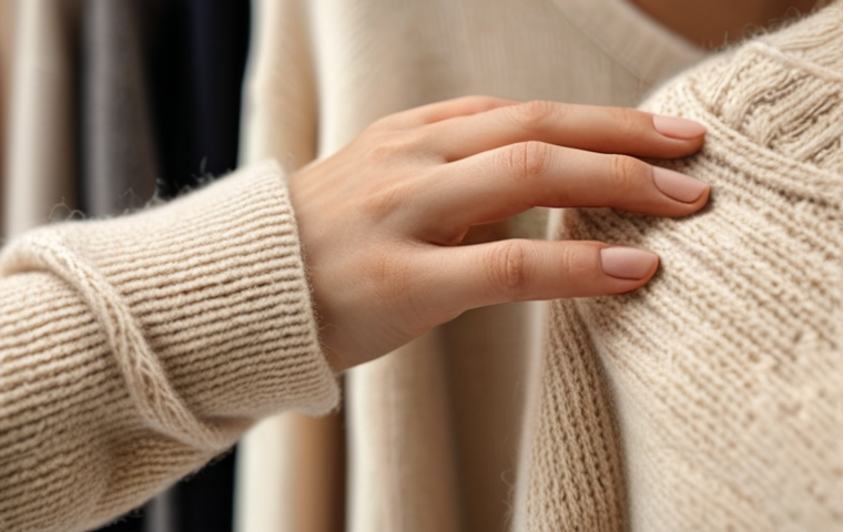**
A close-up shot of a woman's hands delicately holding a cashmere sweater. The sweater is a neutral color (beige or cream). Focus on the texture of the cashmere. In the background, blur the suggestion of a well-organized, minimalist closet with other high-quality, understated garments. Emphasize soft, natural lighting.
**