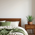 **A serene bedroom interior. White walls, a simple wooden bed with linen bedding, and a single green succulent on a nightstand bathed in warm, diffused light.**