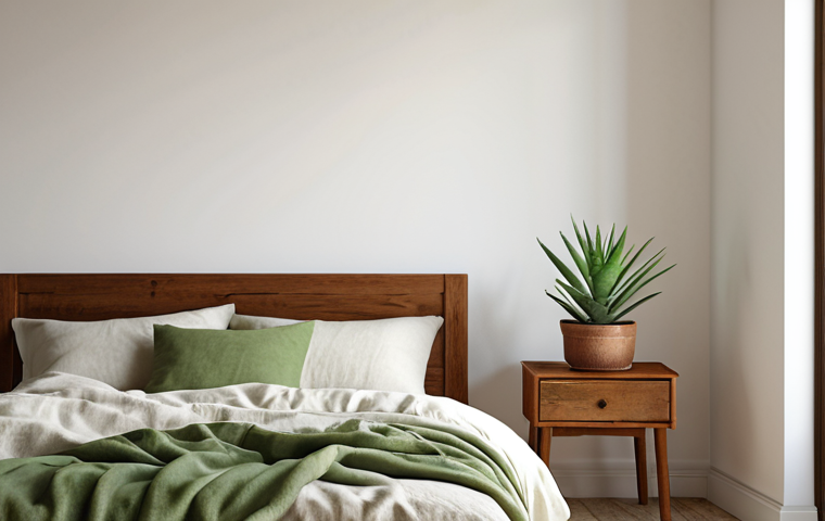 **A serene bedroom interior. White walls, a simple wooden bed with linen bedding, and a single green succulent on a nightstand bathed in warm, diffused light.**